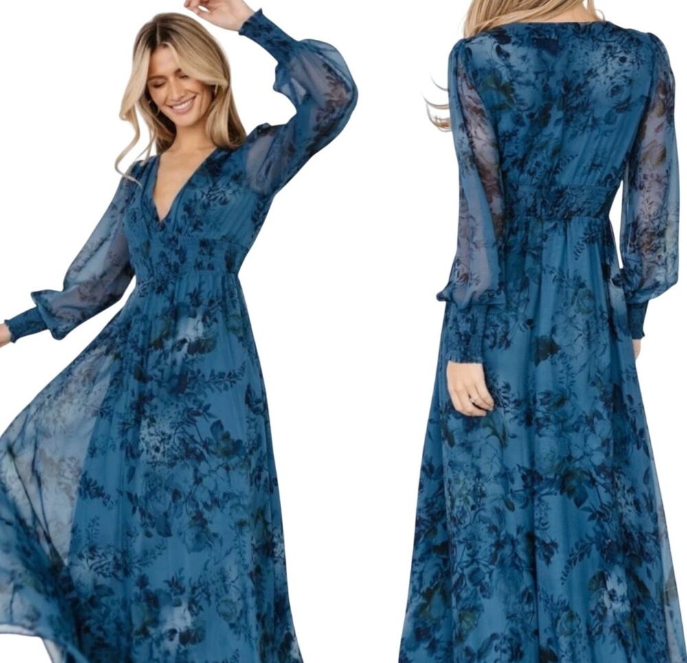 Baltic Born Floral Print Midi Tea Length Dress Long Sleeve VNeck Blue Womens 2XL